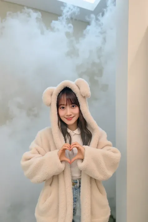 "An adorable Japanese woman standing in a bathroom wearing a fluffy hoodie, surrounded by steam creating a dreamy, mystical atmosphere. She is smiling and making a heart shape with her hands, exuding a warm and cheerful vibe. The bathroom is filled with so...