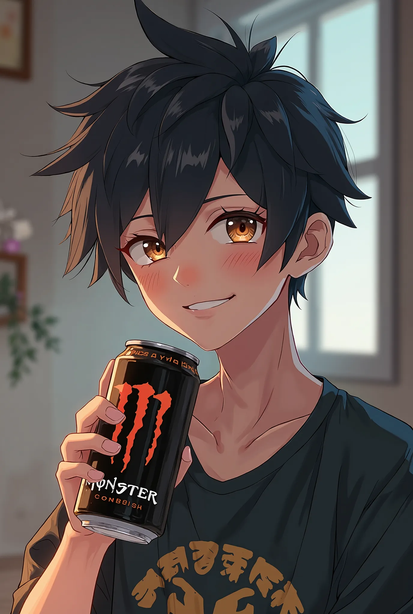 A short dude who has long enough black hair that reaches to his shoulder, like a mohawk. He also has hazel eyes and soft skin, anime, he's also an adult, drinking some energy drink (monster), looking into the camera with a grin