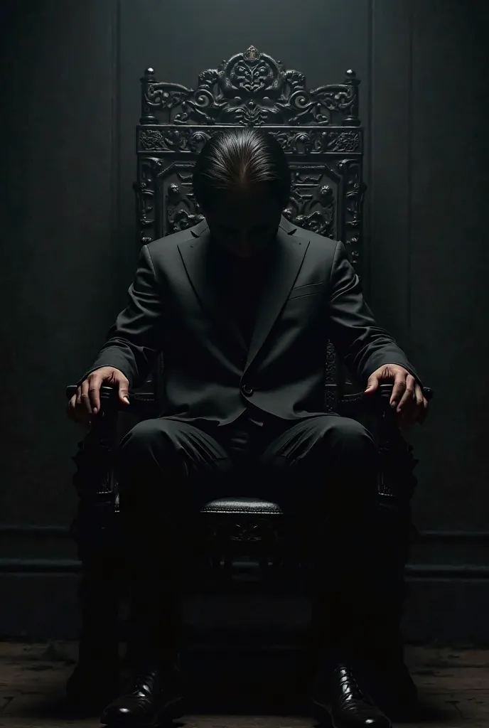 "A Korean man sits on an ornate black king's chair in front view, dressed in a sleek black suit. His head is tilted downward, completely obscuring his face from view. The scene has a dark, moody atmosphere with dramatic shadows, enhancing the sense of myst...