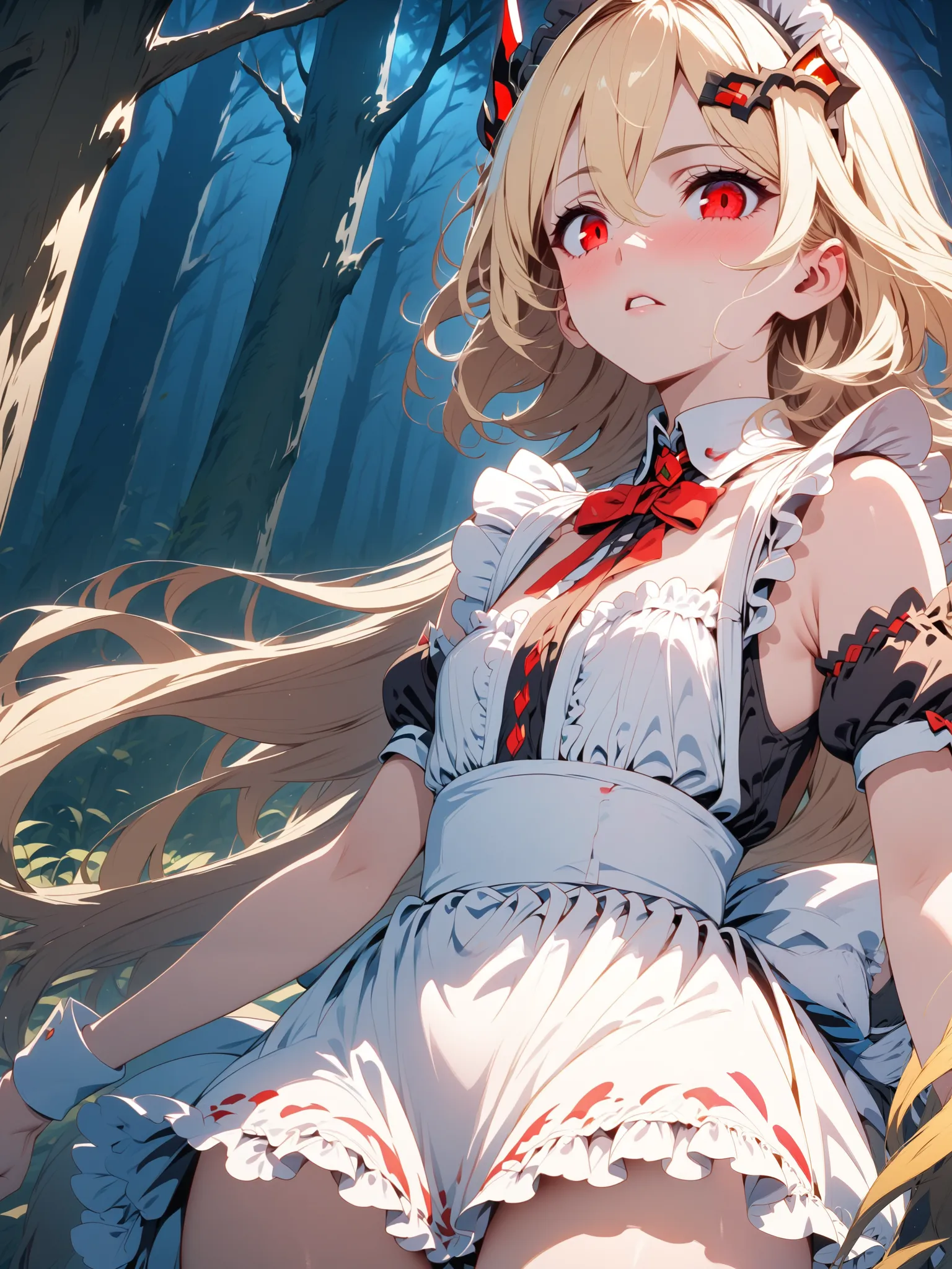 sleeveless maid, blond hair flutters in the wind, Red Eyed Girl, Alone, The background is in the dense forest at night,  alert , miniskirt,  knee shot, corruption,  Shade, Maid Head Accessory, (NSFW:0.8),