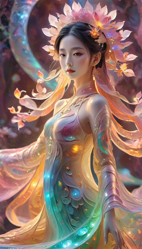 A beautiful guan yin, fractal，glowing，1girl，bling bling, veela, very fine luminous quantum dots, extraterrestrial,lotus flowers