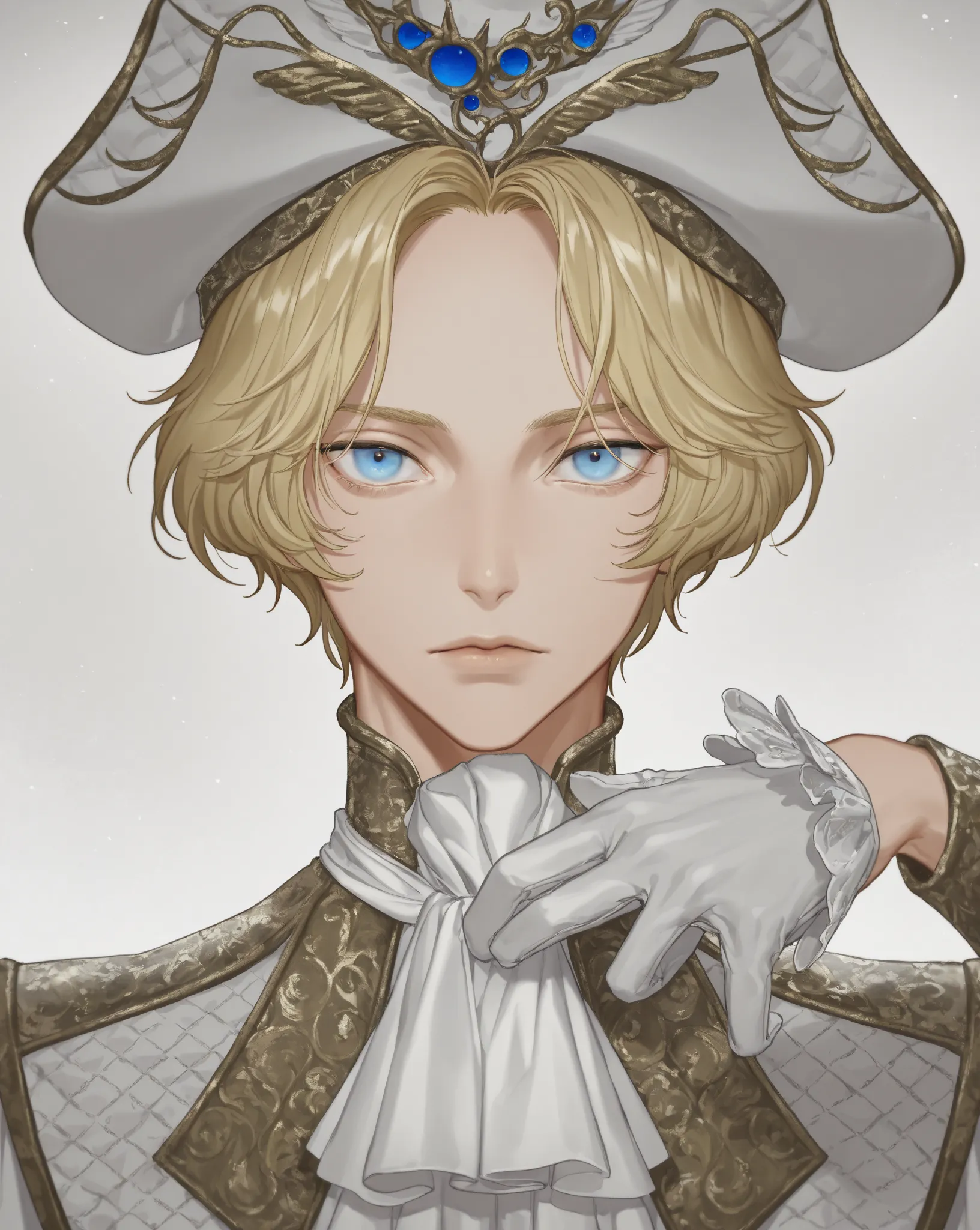 solo, looking at viewer, blue eyes,bishounen,skinny,lips,portrait, blonde hair,short hair,parted bangs,nobility clothes, 1boy, gloves, male focus, ascot, hat feathered,