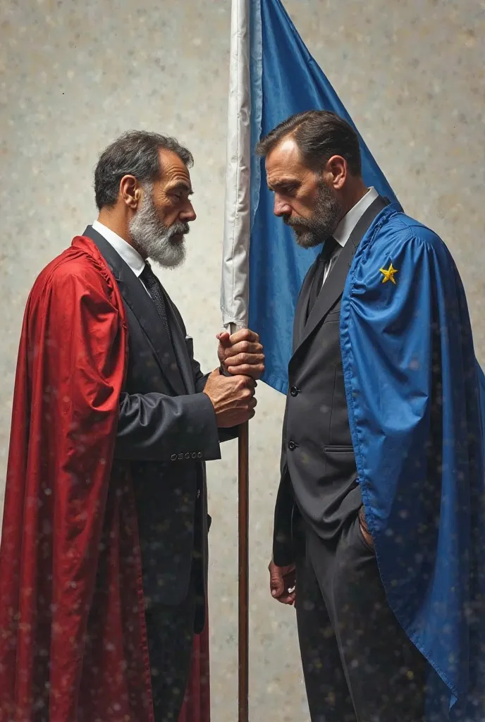 Un homme sage montre le drapeau français en pointant son index dans sa direction. 
Un autre homme visiblement idiot regarde le drapeau de l'UE.