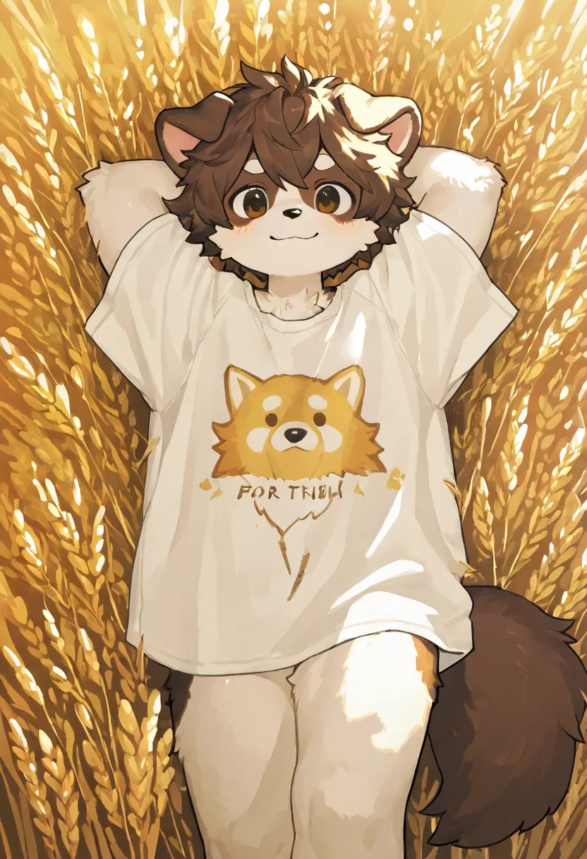 source_ furry， furry male，elementary school students，((boy )),Dog boy  ,short hair,masterpiece, newest,absurdres, incredibly absurdres,  messy hair, anthropomorphic Dog boy  , male furry, canid features,Lying position，Seen from above ， no pants ，loose-fitt...