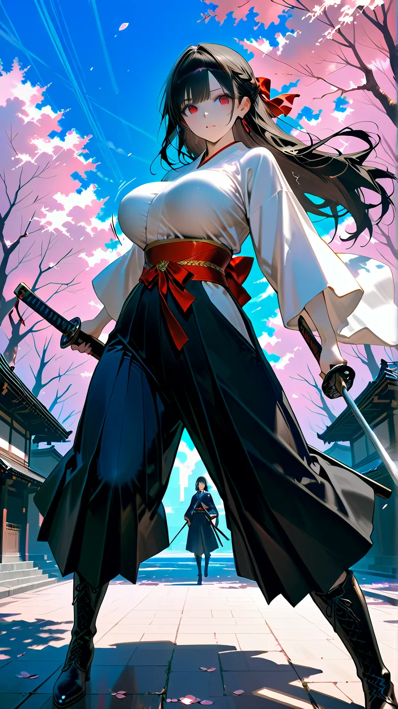 ((Skin fold))((adult female))        hairstyle(the grudge)a femalesamurai holding sword,anime,a city with cherry blossoms,a woman with long black hair holding  sword,friends,asia, weapon, sword, black hair, long hair, jewelry, red eyes, holding sword, outd...