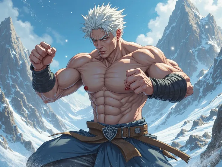 Warrior prince short white haired shirtless man punching on an ice mountain realistic medieval anime style 