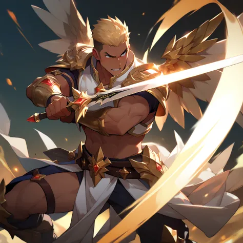  masterpiece,high quality,man,crew cut,dark tan,golden hair,angel,revealing clothes,armpit,crotchless pants,thighs,attack,Sword of Light