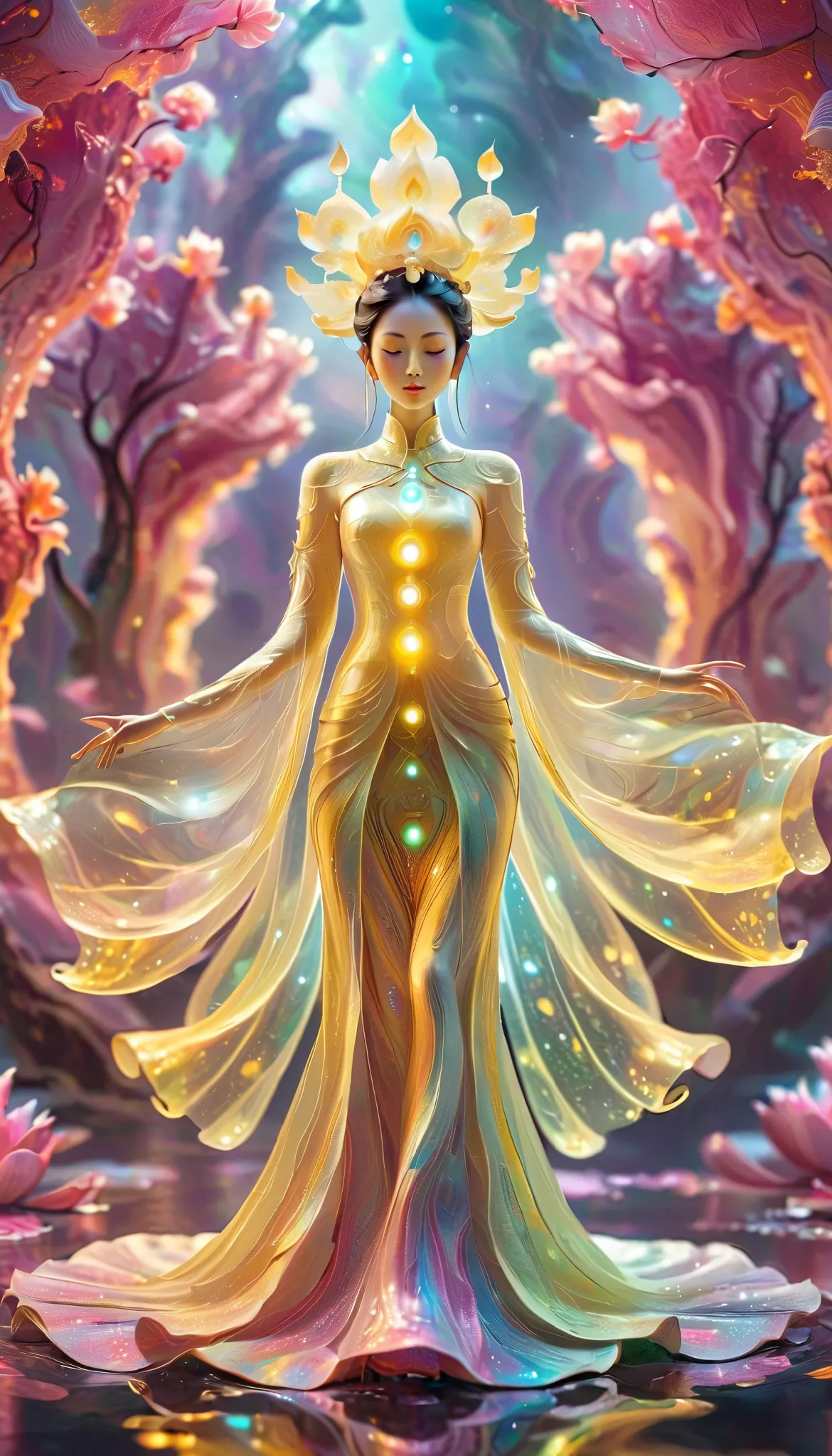 A stunning beautiful guan yin bodhisattva, fractal，glowing，1girl，bling bling, veela, very fine luminous quantum dots, extraterrestrial,lotus flowers