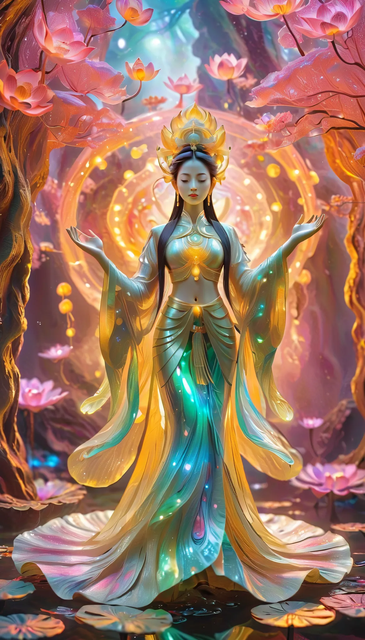 A stunning beautiful guan yin bodhisattva, fractal，glowing，1girl，bling bling, veela, very fine luminous quantum dots, extraterrestrial,lotus flowers