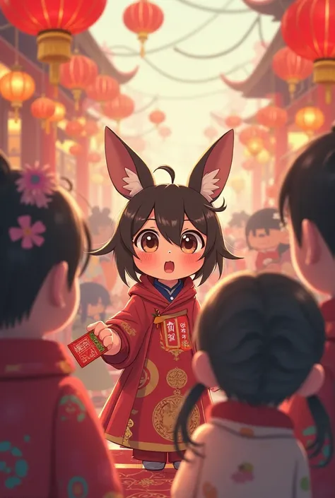 There are ren looking back at people celebrating Chinese New Year in a fun way. At a party, an old man gives money, ren, anime pictures. 