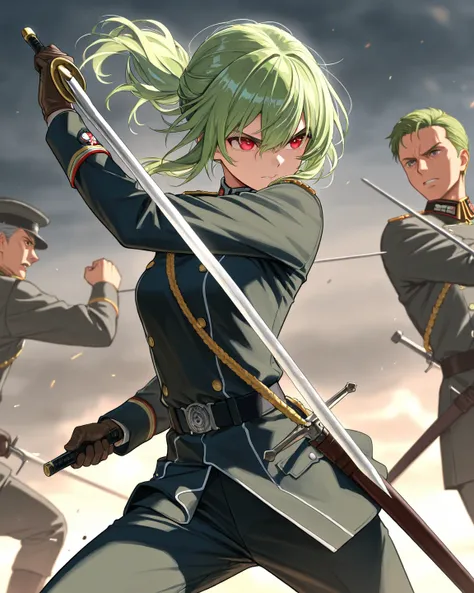 A man with a heart-shaped face, short green hair, red eyes, a beautiful appearance, a trapezoidal stock, a handsome figure, wearing a French military outfit of the Prolians, holding a sword out, fighting on the battlefield, Germany acted just this seriousl...