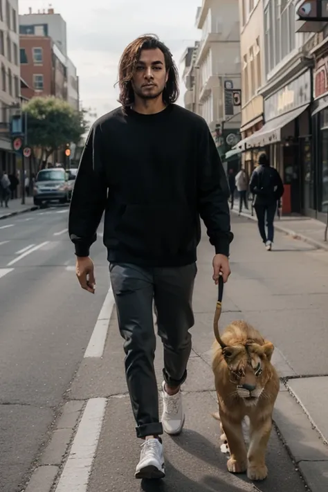 a man dressed in black casual and walking along with a very giant lion walking together