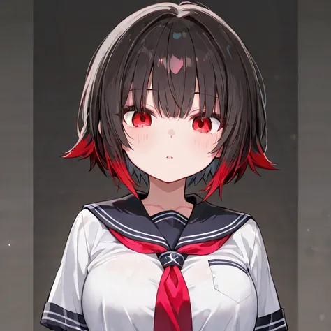 Dark short hair with red tips girl with red eyes,school uniform, big chest