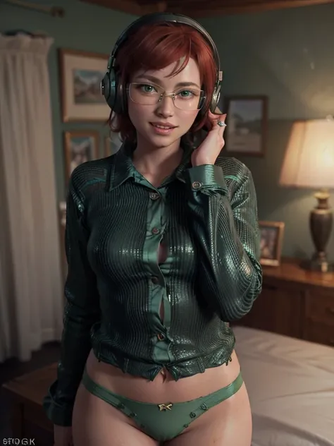 close-up, upper body. Short, ( red hair:1.6), (green eyes:1.6), (diopter glasses with metal frames:1.2), ( headphones:1.2), (long-sleeved green button-down shirt:1.6), (green panties :1.6), smiling  girl in bed. ( Masterpiece , top quality shirt, best qual...