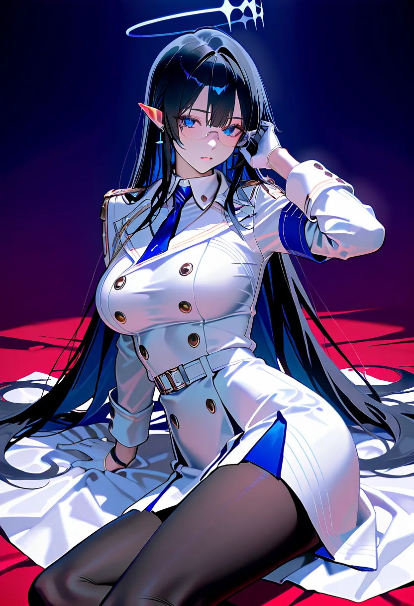  female 1、Nanagami Rin 、 blue eyes、 long, slender eyes、 black hair、ingrown hair coloring、very long hair、 pointed ears、Halo、glasses、earrings、Wear a white coat on top、 collared dress、white dress、White、 Long Sleeve、Wristband、white gloves、blue tie、 white belt、...