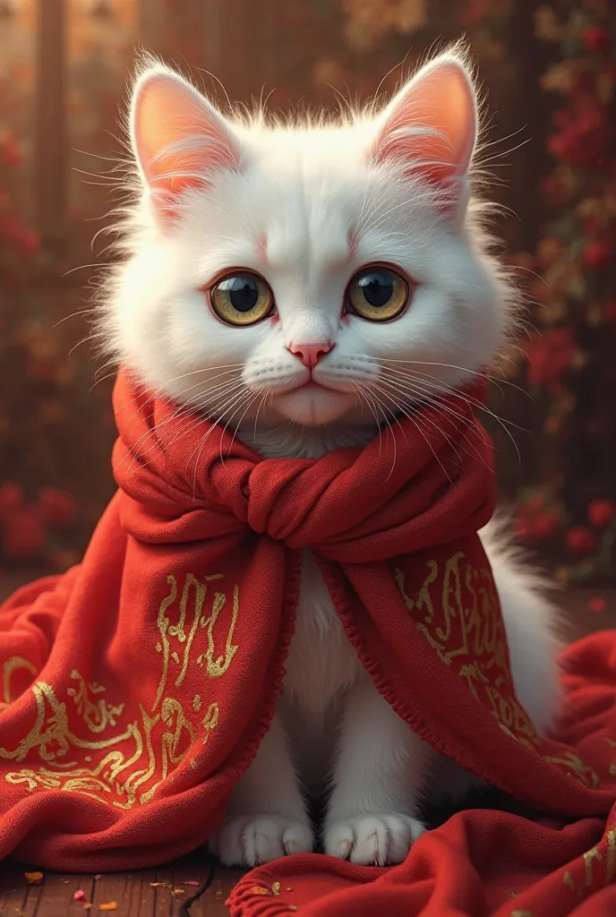 Cute white cat with a red shawl with Korz words written on it.  like a real picture