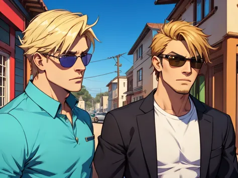 Two flashy blond and brown men wearing sunglasses and worried faces