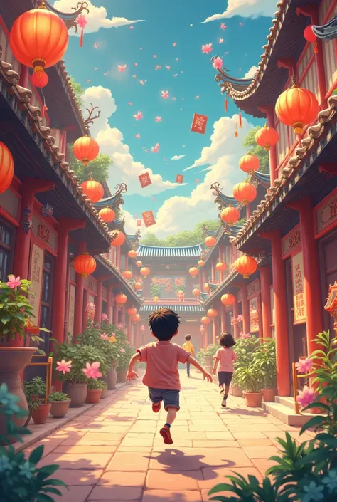 Chinese style house celebrating Chinese New Year with family, ren running, playing Anime Images 