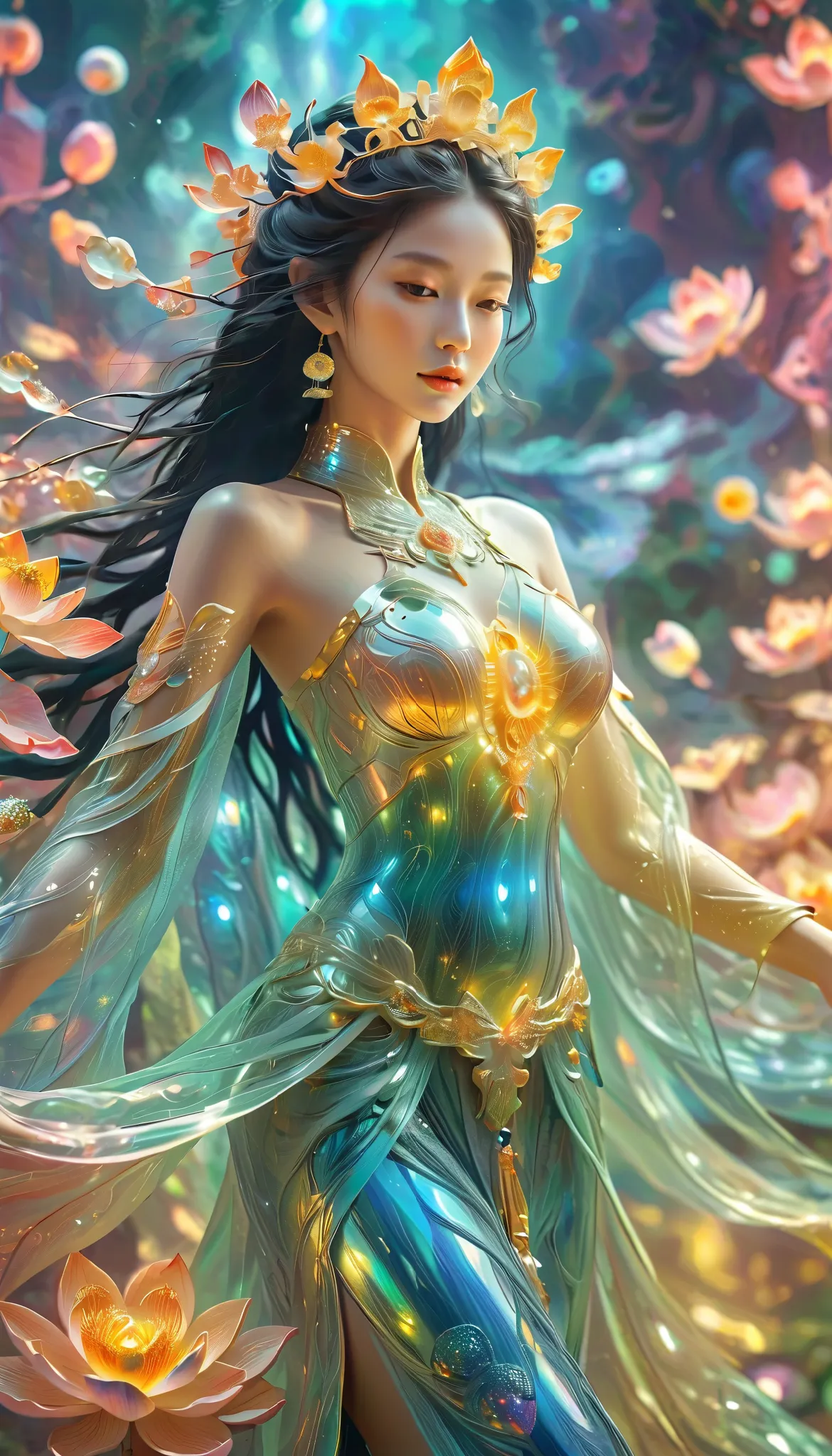 A stunning beautiful guan yin bodhisattva, fractal, close up, glowing，1girl，bling bling, veela, very fine luminous quantum dots, extraterrestrial,lotus flowers