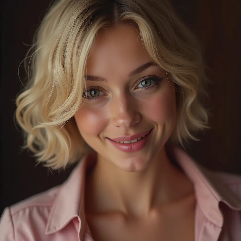 Hyperrealistic image of Marie Claude bourbonnais 
closeup,  smiling young girl with short hair,  Extremely detailed high-resolution images, photographic, realism,  pushed to the limit , fine texture ,  incredibly realistic background. Starring in an adult ...