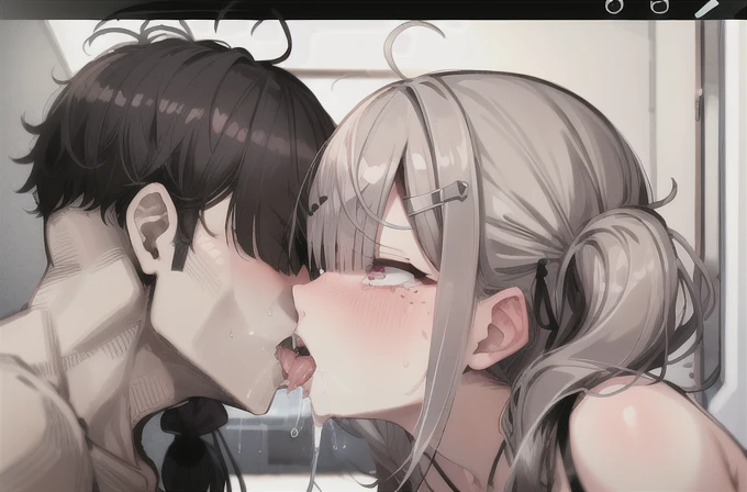 ossan, 1girl, ugly man, 1boy, hetero, saliva, kiss, tongue, blush, french kiss, black hair, tears, ahegao, rolling eyes, bald, sweat,  tongue out, , blunt bangs ,from side, 