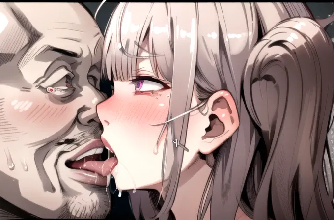 ossan, 1girl, ugly man, 1boy, hetero, saliva, kiss, tongue, blush, french kiss, black hair, tears, ahegao, rolling eyes, bald, sweat,  tongue out, , blunt bangs ,from side, 