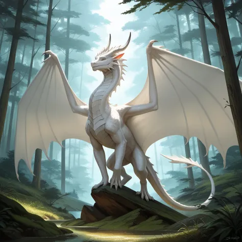 full body, white European dragon, stands, with large membrane-wings, short tail, white simple horns, ganoid-sheds, looks at the viewer, nature, in the high mountains, solo, best quality, realistic, detailed background