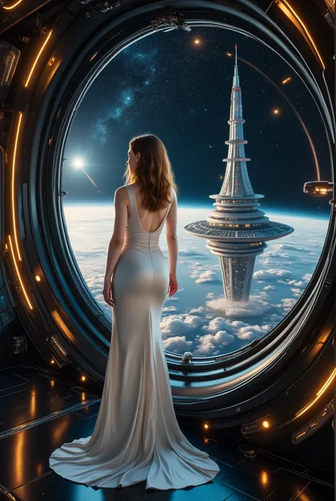 petite and slim 19 year old girl, long white dress with a pencil skirt, leaning over elegant futuristic spaceship, interiors, close-up, black starry outer_space on huge window, visisble thru the window there is a huge technological spire building floating ...