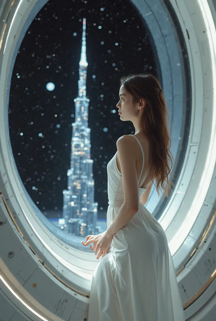 petite and slim 19 year old girl, long white dress with a pencil skirt, leaning over elegant futuristic spaceship, interiors, close-up, black starry outer_space on huge window, visisble thru the window there is a huge technological spire building floating ...