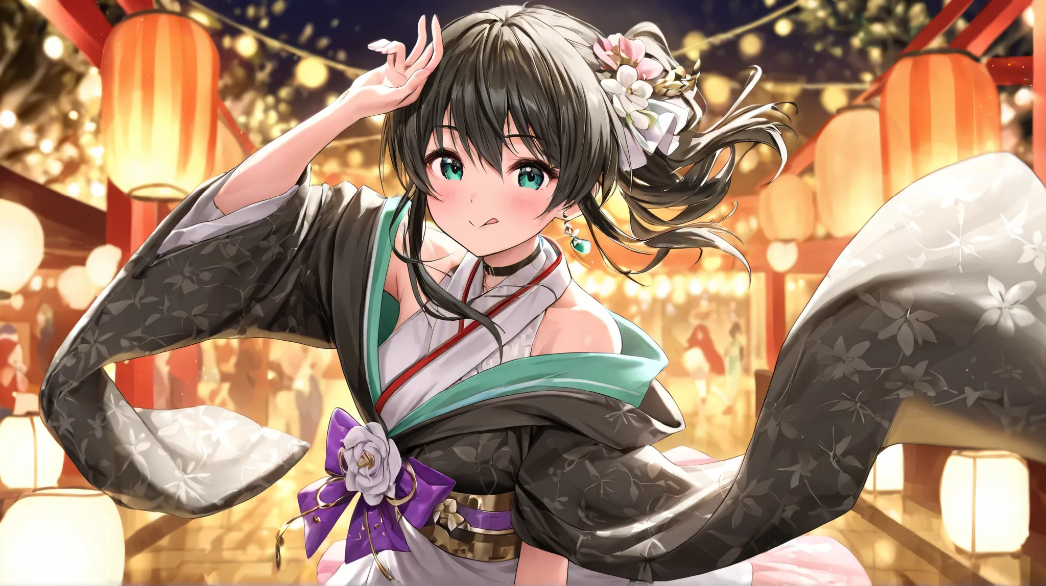  Costume、 clear、Elegant、 kimono、 black hair、 lori、cute、Tongue out、OK pose