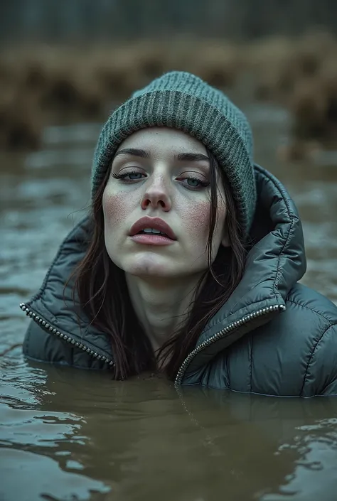 extremely detailed pale woman head in sludge pit in collar only gray down jacket,victim of the , mud pit, drowned below mud pit,   fashion photo shoot, Poses,dark orgasm, Posing Sexually, provocative photo shoot ,  red green blue , knitted hat.