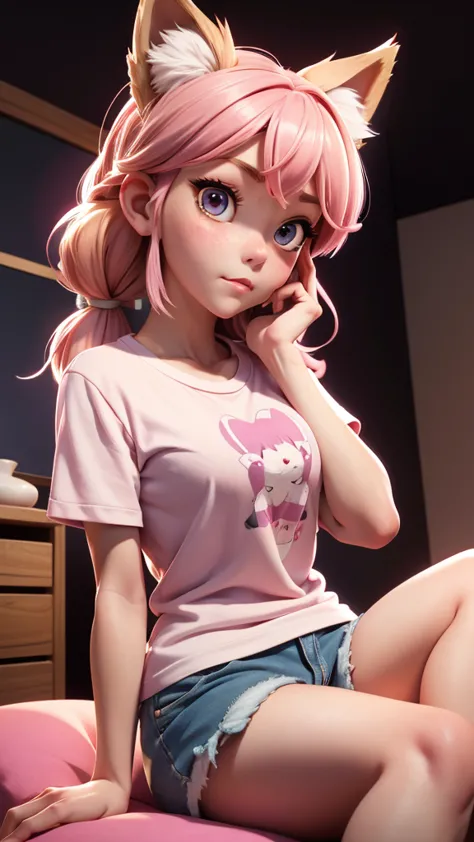 ore no imouto ga konna ni kawaii wake ga nai, 25-yers-old girl with pink hair, straight bair with a white ribbon on the side, gold seductive fox eyes, medium breasts, anime T-shirt, shorts, living room background,     sitting with her head slightly tilted ...