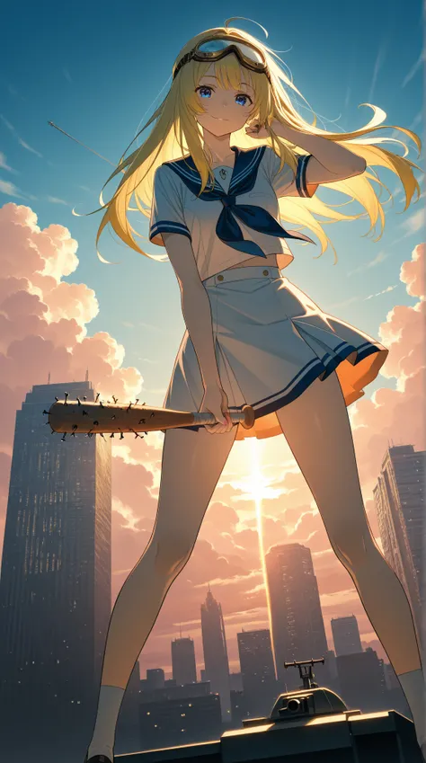 A high resolution photograph of girl in sailor uniform with long hair.goggles on head,Laughter,
She stands with spread legs apart on the tokyo. She looks at the viewer that focusing her face, In the background is the beacon tokyo towers and building, The s...