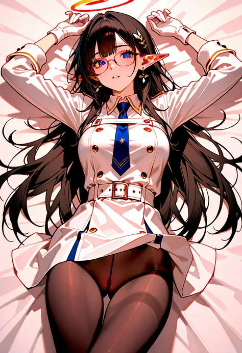  female 1、Nanagami Rin 、 blue eyes、 long, slender eyes、 black hair、ingrown hair coloring、very long hair、 pointed ears、Halo、glasses、earrings、Wear a white coat on top、 collared dress、white dress、White、 Long Sleeve、Wristband、white gloves、blue tie、 white belt、...