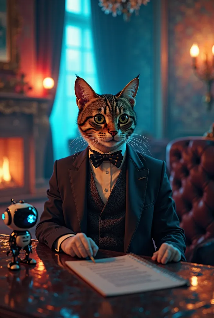 Trader cat with gentleman costume in beautiful room at night blue and red lights, small robot a side to help for cat 