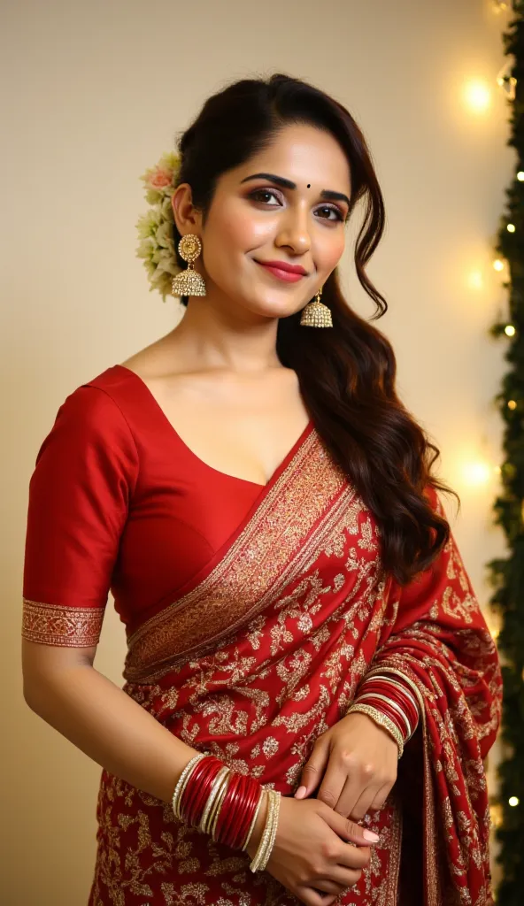 A stunning newly wedded Bengali wife, dressed in a gorgeous red and gold saree with matching blouse with intricate embroidery and delicate embellishments. She wears traditional Bengali bridal jewelry, including a maang tikka, large jhumka earrings, and sta...