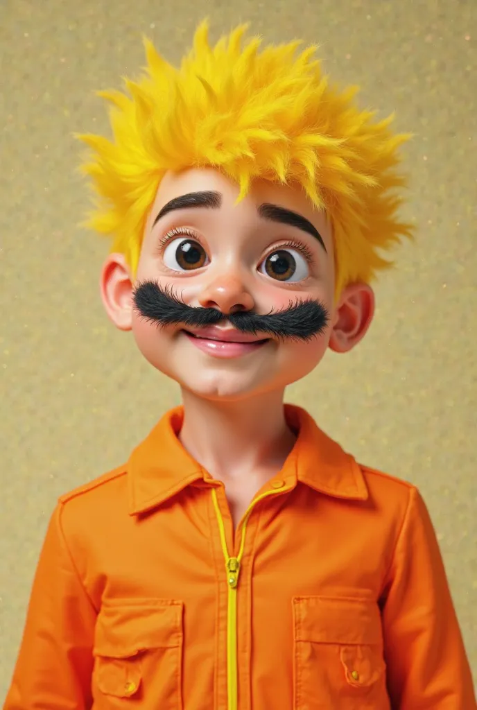 Un jeune homme au cheveux jaune portant de habit orange et à de moustaches à chaque joues