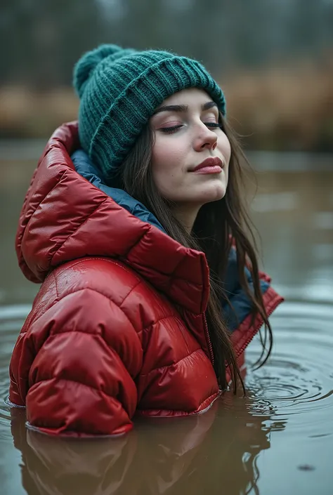 extremely detailed pale woman head in mud pit in collar only sporty lightweight down jacket,victim of the , mud pit, drowned below mud pit,   fashion photo shoot, Poses,dark orgasm, Posing Sexually, provocative photo shoot ,  red green blue , knitted hat.