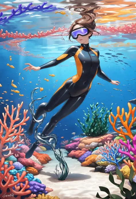 (((best quality))),(((ultra detailed))),(((masterpiece))),illustration, beautiful girl, diver, sleek wetsuit, graceful posture, mystery face, light-reflecting visor, delicate movement, glowing underwater equipment, school of small fish, swaying seaweed, co...