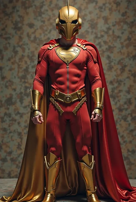 Generate a super hero, a super intelligent man who wears a red superhero jumpsuit with a golden cape and boots and who wears a mysterious archaic soldier helmet in gold that covers his entire face leaving only holes for his eyes to see that they emit a yel...