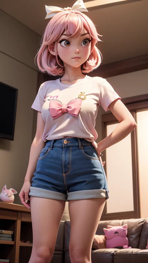 ore no imouto ga konna ni kawaii wake ga nai, 25-yers-old girl with pink hair, straight bair with a white ribbon on the side, gold seductive fox eyes, medium breasts, anime T-shirt, shorts, living room background,  standing with arms confidently crossed in...