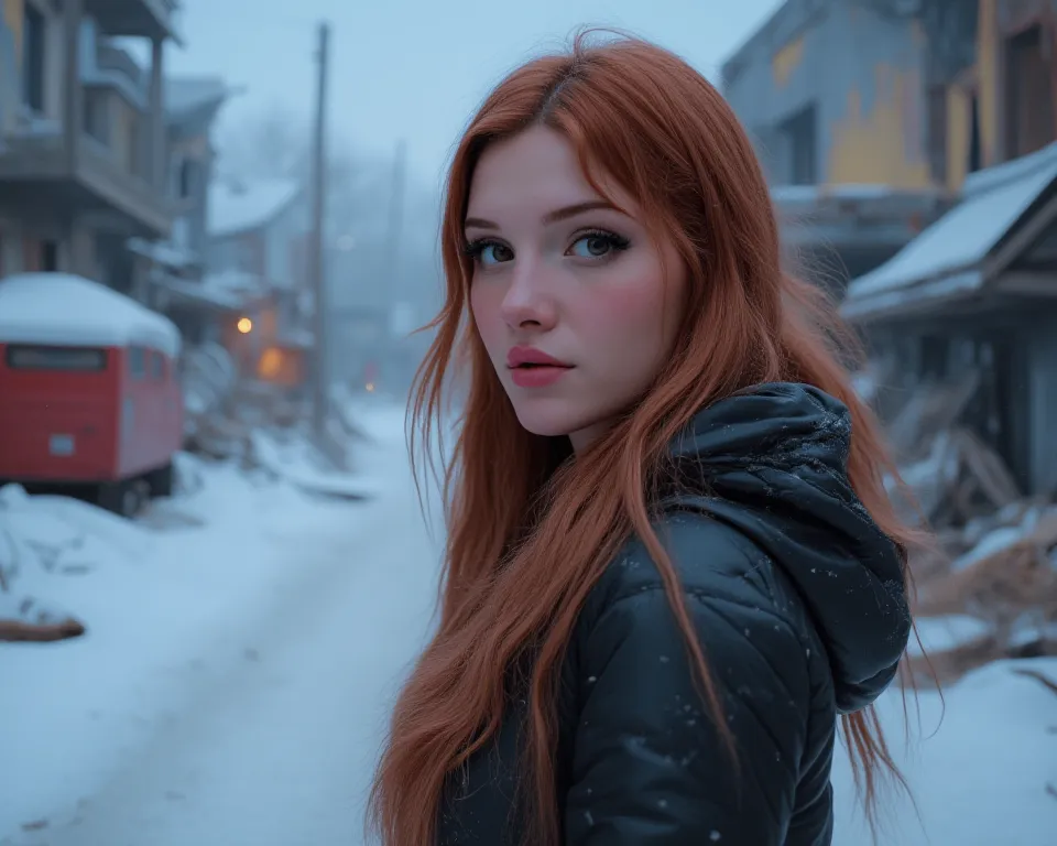 Beautiful young model with long hair, hyper real , cyberpunk style, The shot is set in a snowy, post-apocalyptic street scene, with cool-toned colors palette, medium Shot