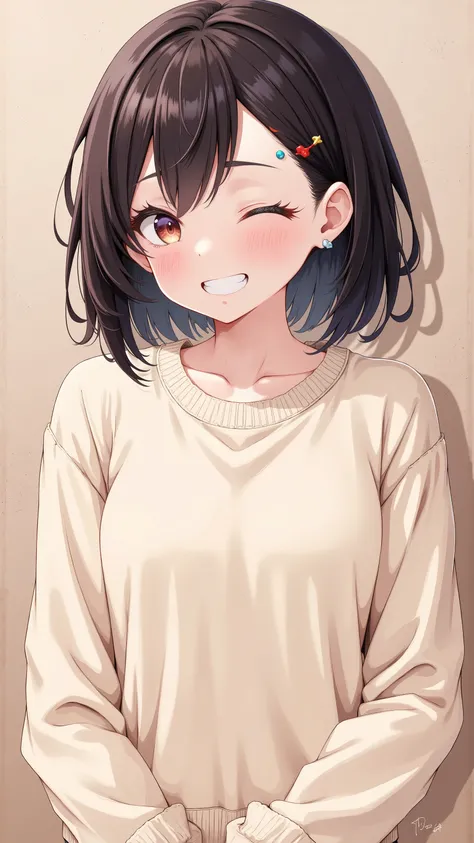 high resolution, 最 high quality, high detail, high quality, very detailed, ultra high definition, Hair, bob hair, smiles, teeth and laugh, droopy eyes , Red face, standing picture, anime style, 40 years old, beige sweater,Piercer