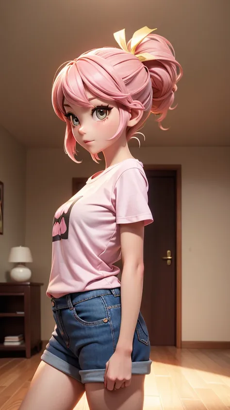 ore no imouto ga konna ni kawaii wake ga nai, 25-yers-old girl with pink hair, straight bair with a white ribbon on the side, gold seductive fox eyes, medium breasts, anime T-shirt, shorts, living room background,  standing with arms stretched above her he...