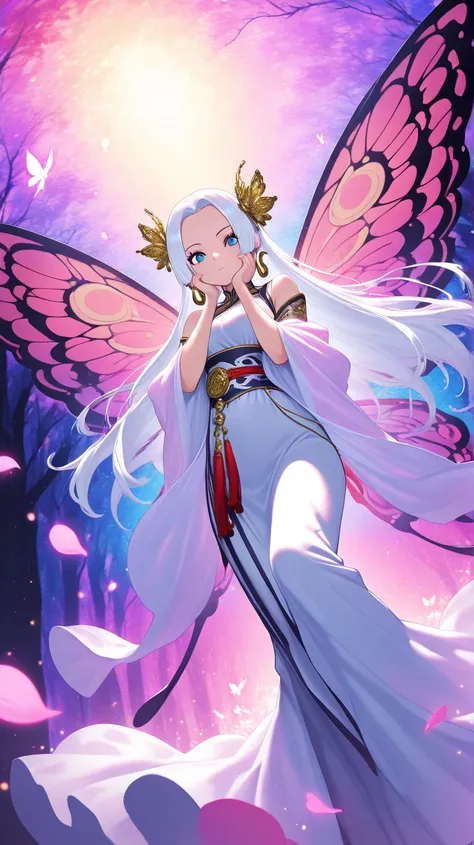 1girl Boa hancock, solo, alone, long hair, white hair, floating in the sky, petal, flower, spirit, butterfly wings, butterflies, dress, long hanfu, chinese style dress, (light particles), (both hands on own cheeks:1.2), tassels, hair ornaments,  dutch angl...