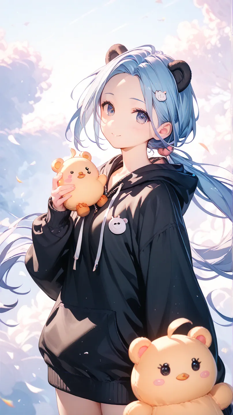 (Mimi Sato:1), highest quality, blue hair, high resolution, source anime, ultra detailed, bear ears, chick accessories, one girl, long hair, bear plush toy, low ponytail, medium chest, beautifully detailed eyes, black hoodie, outdoors, wind, (detailed ligh...