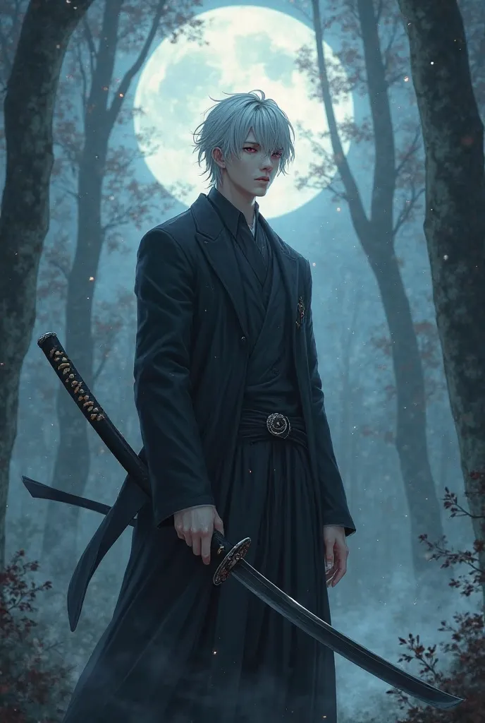 A male character, a butler, silver-white hair, red-black eyes, holding a tall black katana sword. The atmosphere is in the forest, with trees, seeing the stars, seeing the moon, there is a faint fog with a diffused shadow.