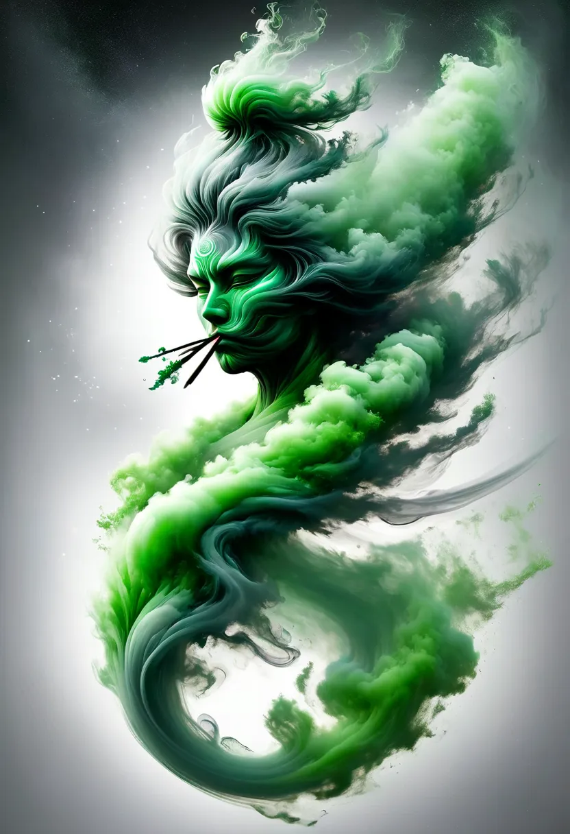 Smoky art, samurai, smoke samurai, green silhouette of a samurai that floats in the space between top and bottom and represents a smooth transition between a white background and a smoky silhouette of a samurai from the front, the green smoke goes down and...