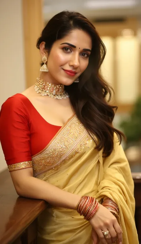 a full-HD, hyperrealistic body shot of a newly married Indian woman in her late 20's with long, wavy, dark black hair, styled in chic low bun and a two loose hair strands falling on each side of her face making her look more cute and gorgeous. She has a fa...