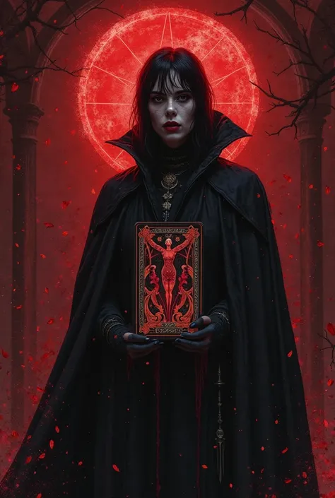 Can you make me a profile photo with Panthea Night on such a very impressive and high quality vampire with a tarot card on a burgundy theme, whether the wound is obvious or not the human silhouette, also be it evident in the tarot